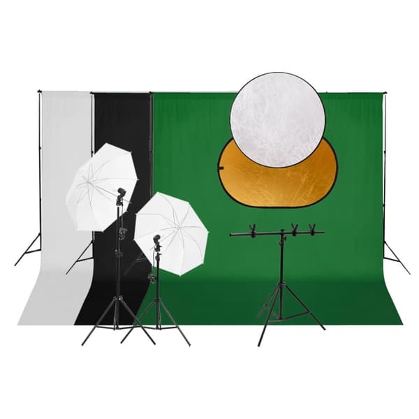 Fotostudio med lampor, bakgrund och reflexskärm