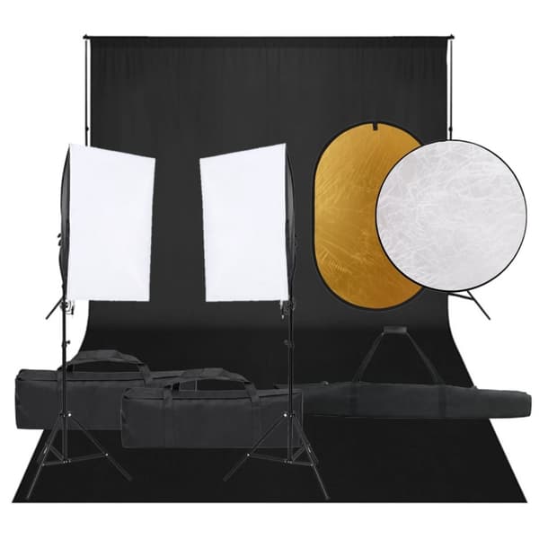 Fotostudio med lampor, bakgrund och reflexskärm