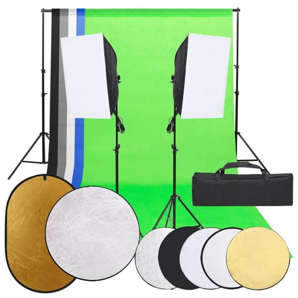 Fotostudio med lampor, bakgrund och reflexskärm