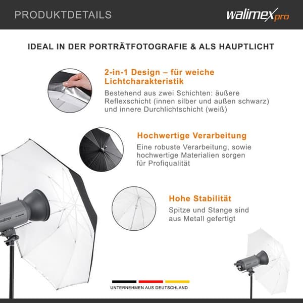 Paraply 2 i 1 - WALIMEX PRO - Vit - 109cm - Mjukt ljus - Porträttfotografi
