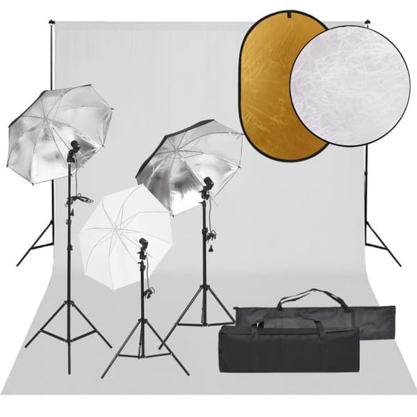 Fotostudio med lampor, bakgrund och reflexskärm