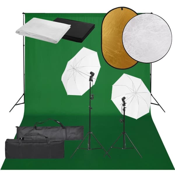 Fotostudio med lampor, bakgrund och reflexskärm