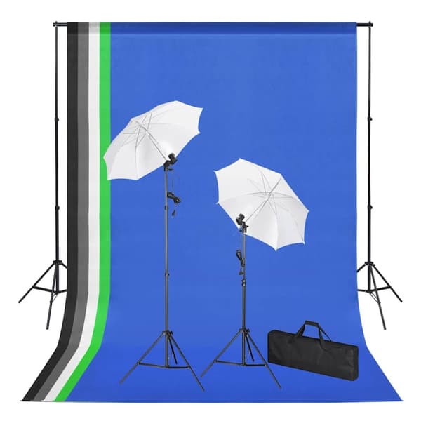 Fotostudio med bakgrunder, lampor och paraplyer