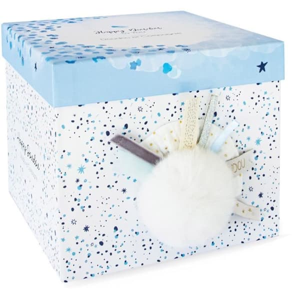Doudou et Compagnie - Kanin plyschleksak - 25 cm - Vit/Blå Pompom Kanin - Söt presentförpackning - Glad glansig - Glad Doudou till dig