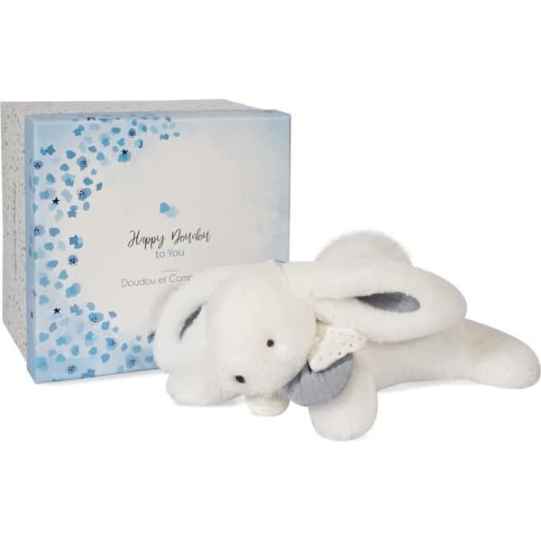 Doudou et Compagnie - Kanin plyschleksak - 25 cm - Vit/Blå Pompom Kanin - Söt presentförpackning - Glad glansig - Glad Doudou till dig