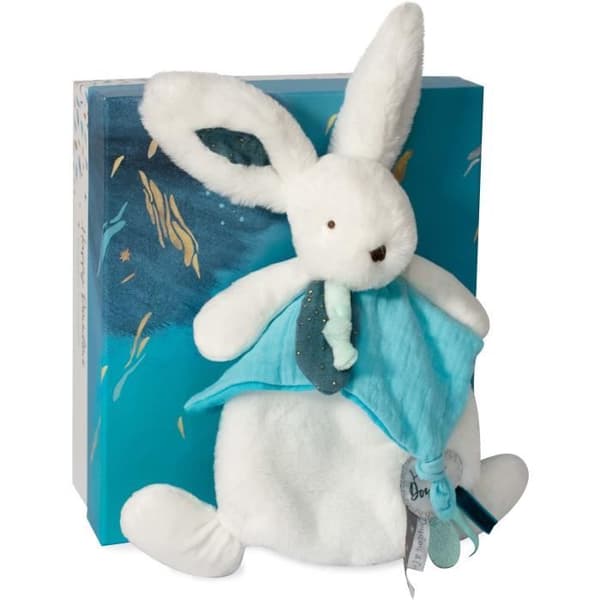 Doudou et Compagnie - Doudou Rabbit -25 cm - Vit / påfågelblå - Peacock Pompom Rabbit - Presentidé - Happy Pop - Happy Doudou To You