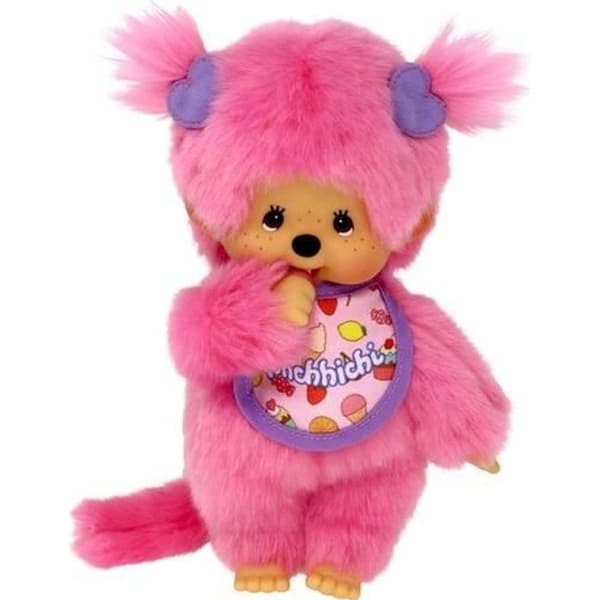 Monchhichi Frozen Fruit plyschleksak 20 cm - BANDAI - Rosa päls - Gourmethaklapp - Barnpresent