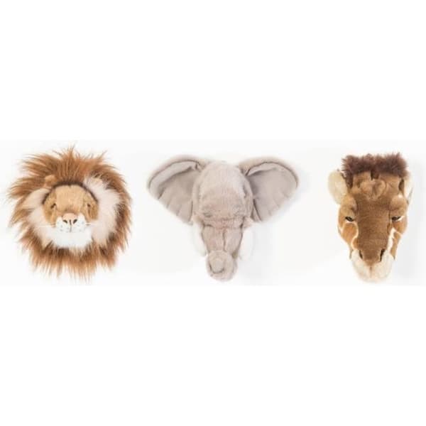 Mini safari plysch troféer - BIBIB - set med 3 - lejon, elefant, giraff