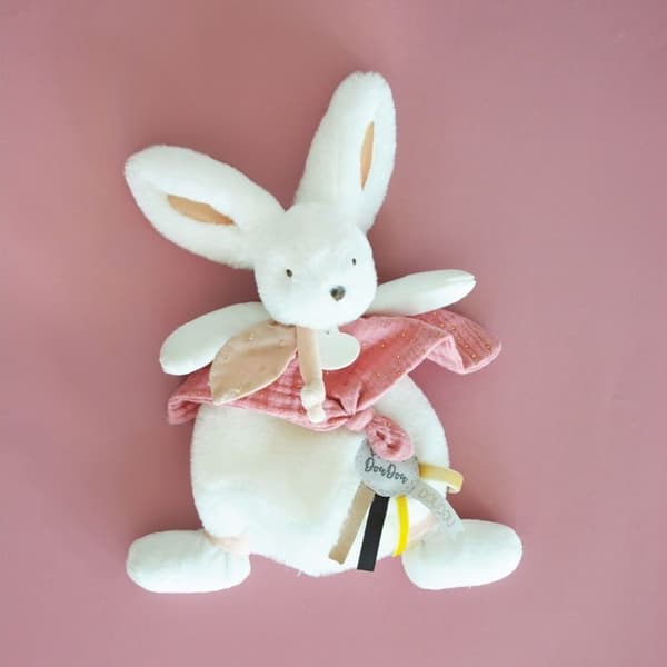 Doudou et Compagnie - Kanin Täcke - 25 cm - Vit/Terrakotta Pompom Kanin - Presentidé - Happy Boho - Happy Doudou To You