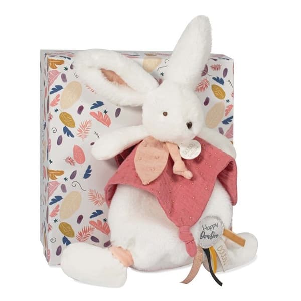 Doudou et Compagnie - Kanin Täcke - 25 cm - Vit/Terrakotta Pompom Kanin - Presentidé - Happy Boho - Happy Doudou To You