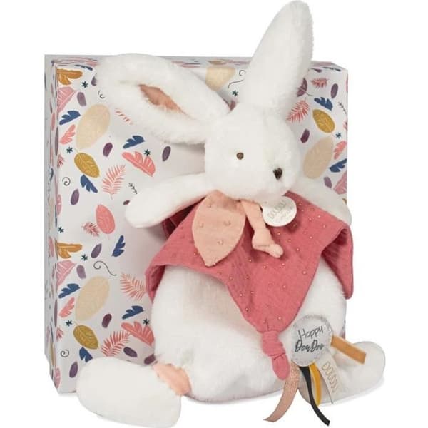 Doudou et Compagnie - Kanin Täcke - 25 cm - Vit/Terrakotta Pompom Kanin - Presentidé - Happy Boho - Happy Doudou To You