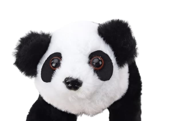 Interaktiv plyschpanda i rosa blå transportör