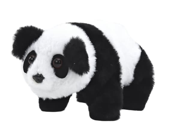 Interaktiv plyschpanda i rosa blå transportör