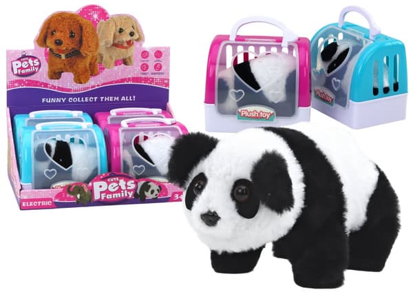 Interaktiv plyschpanda i rosa blå transportör