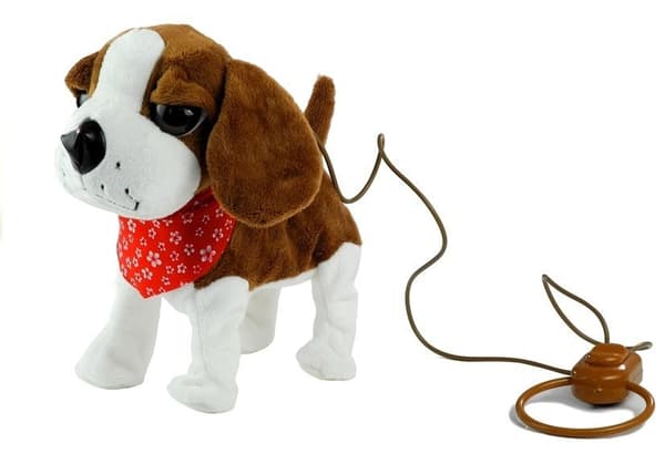 Interaktiv hund i koppel rör på svansen och sjunger