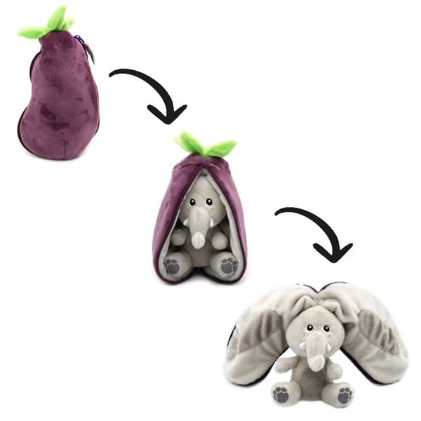 Plyschleksak - Les Déglingos - Flipetz Elephant Aubergine - 2 i 1 - Tvättbar - 13x10x24 cm