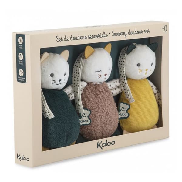 Doudous sensoriska - Kaloo - K971600 - 3 kattungar - Olika material - Sensorisk utveckling