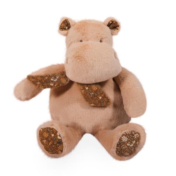 Beige bandana flodhäst plyschleksak 22CM - BEAR STORY - Happy Hippo - Blommönster - Mjuk och fyllig