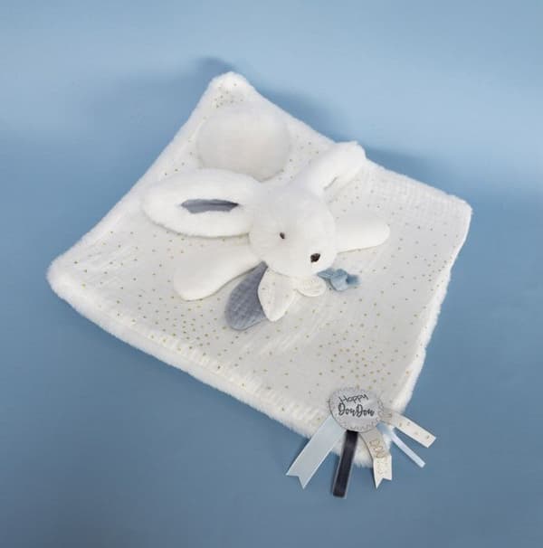 Doudou et Compagnie - Doudou kanin - 25 cm - vit / blå - vit Pompom kanin - presentidé - Happy Glossy - Happy Doudou To You