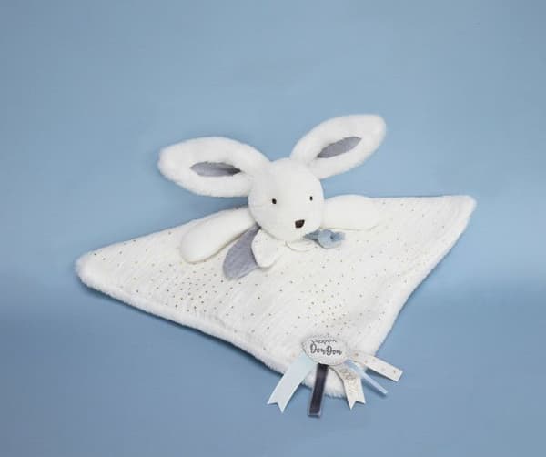 Doudou et Compagnie - Doudou kanin - 25 cm - vit / blå - vit Pompom kanin - presentidé - Happy Glossy - Happy Doudou To You