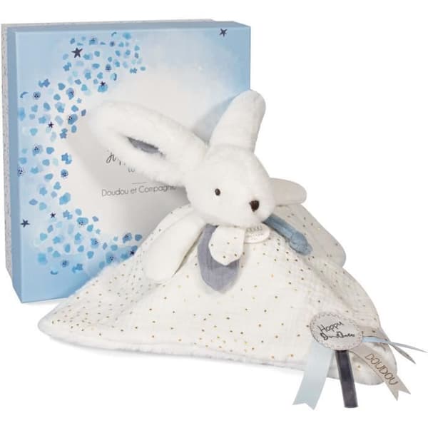 Doudou et Compagnie - Doudou kanin - 25 cm - vit / blå - vit Pompom kanin - presentidé - Happy Glossy - Happy Doudou To You
