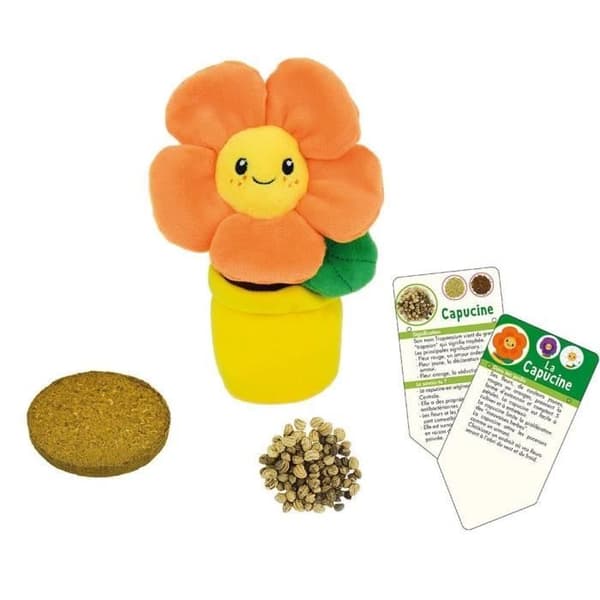 SILENCE CA POUSSE Set med 3 plyschblommor (Pansy, Nasturtium och Marguerite) +/- 13 cm med 7xØ8,5 cm kruka, jordblock och