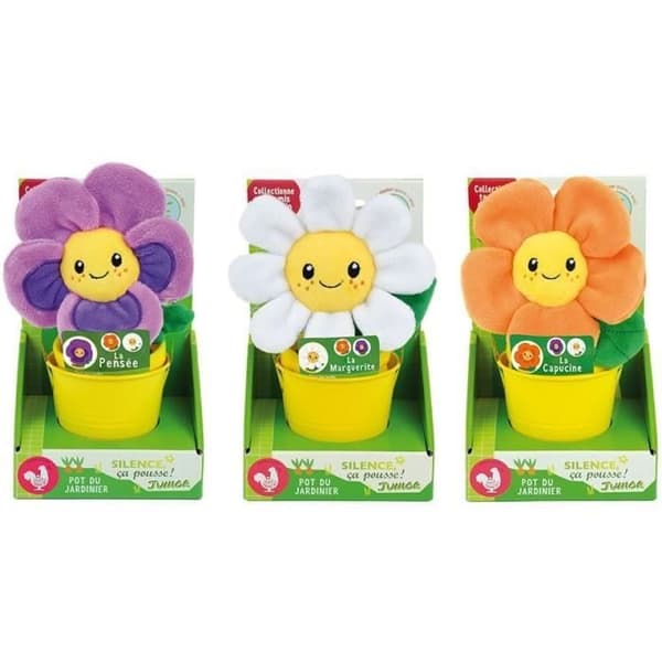 SILENCE CA POUSSE Set med 3 plyschblommor (Pansy, Nasturtium och Marguerite) +/- 13 cm med 7xØ8,5 cm kruka, jordblock och