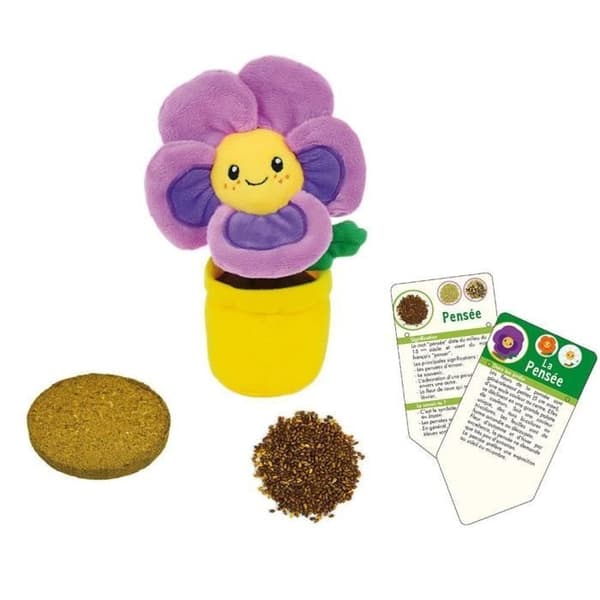 SILENCE CA POUSSE Set med 3 plyschblommor (Pansy, Nasturtium och Marguerite) +/- 13 cm med 7xØ8,5 cm kruka, jordblock och