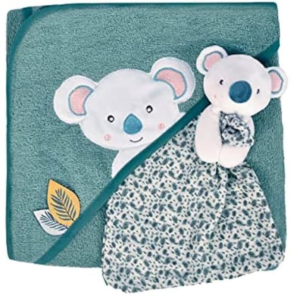 Cape de Bain Bebis - DOUDOU ET COMPAGNIE - Modell YOCA Koala - Mjuk Bomull - 80x80 cm - Blå och Grön
