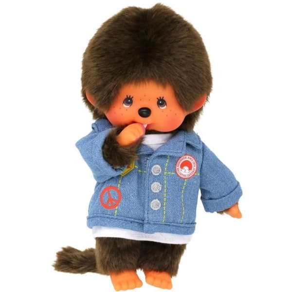 Bandai - Monchhichi - Monchhichi jeansjacka plyschleksak - Mycket mjuk 20 cm plyschleksak för barn och vuxna - SE23396