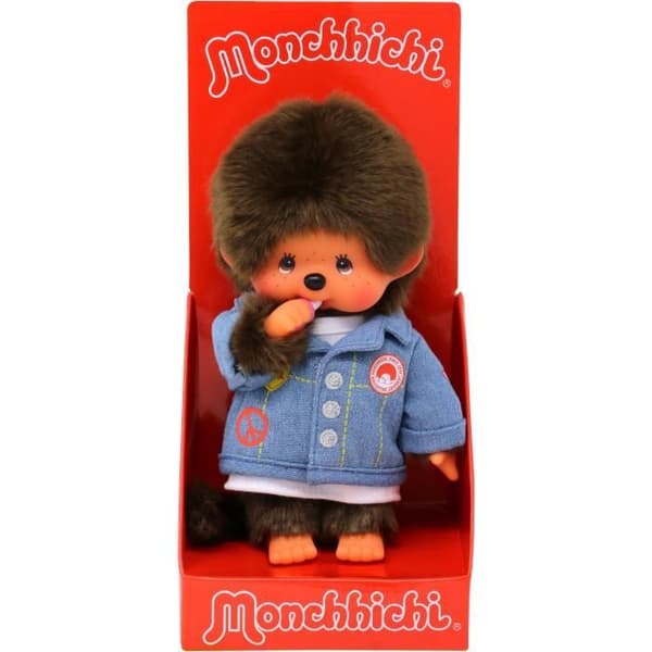 Bandai - Monchhichi - Monchhichi jeansjacka plyschleksak - Mycket mjuk 20 cm plyschleksak för barn och vuxna - SE23396