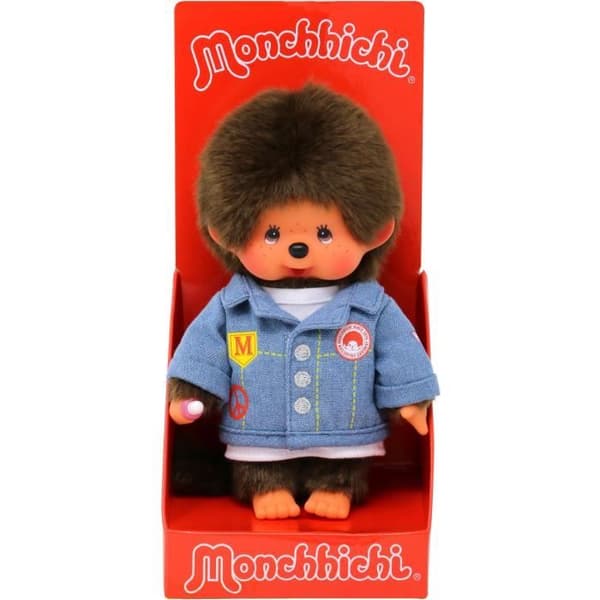 Bandai - Monchhichi - Monchhichi jeansjacka plyschleksak - Mycket mjuk 20 cm plyschleksak för barn och vuxna - SE23396