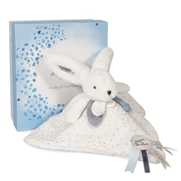 Doudou et Compagnie - Doudou kanin - 25 cm - vit / blå - vit Pompom kanin - presentidé - Happy Glossy - Happy Doudou To You