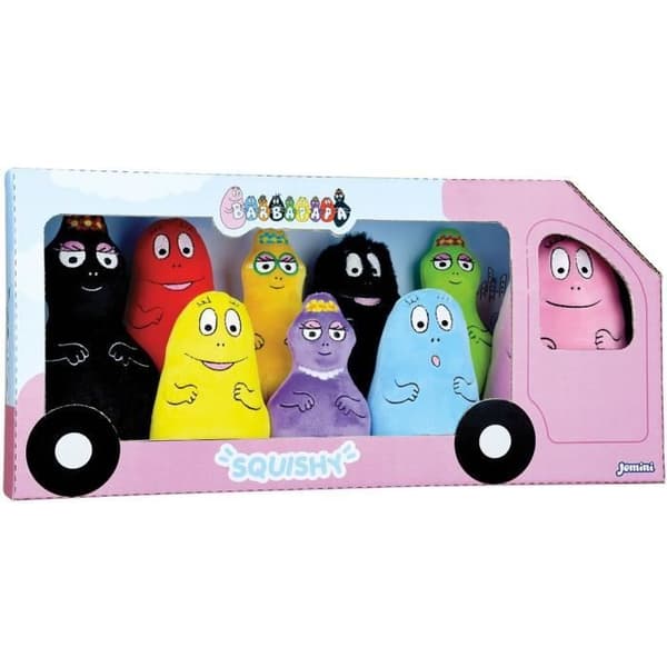 Låda med 9 Barbapapa plyschleksaker +/- 15 cm - JEMINI - Innehåller Barbapapa, Barbamama och deras sju barn.