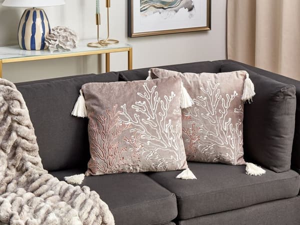 Set med 2 prydnadskuddar MAZZAELLA Sammet 45 x 45 cm Beigegrå Växtmönster Lumarko!