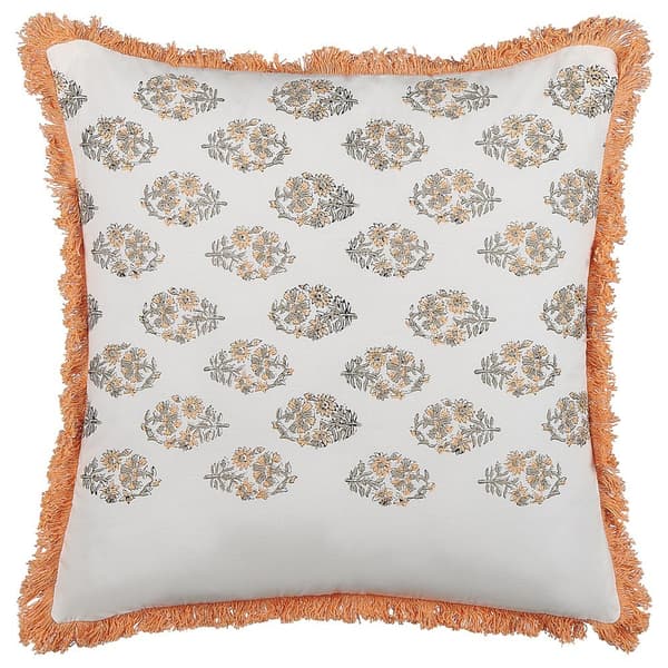 Pyntepude i bomuld med blomster og frynser 45 x 45 cm hvid og orange SATIVUS