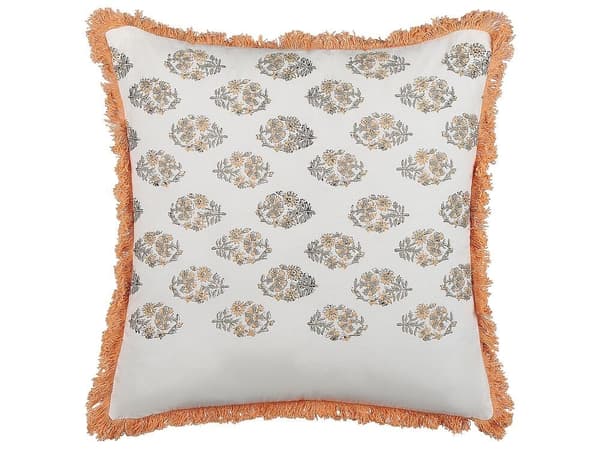 2 bomuldspuder med blomster og frynser, 45 x 45 cm, hvid og orange, SATIVUS
