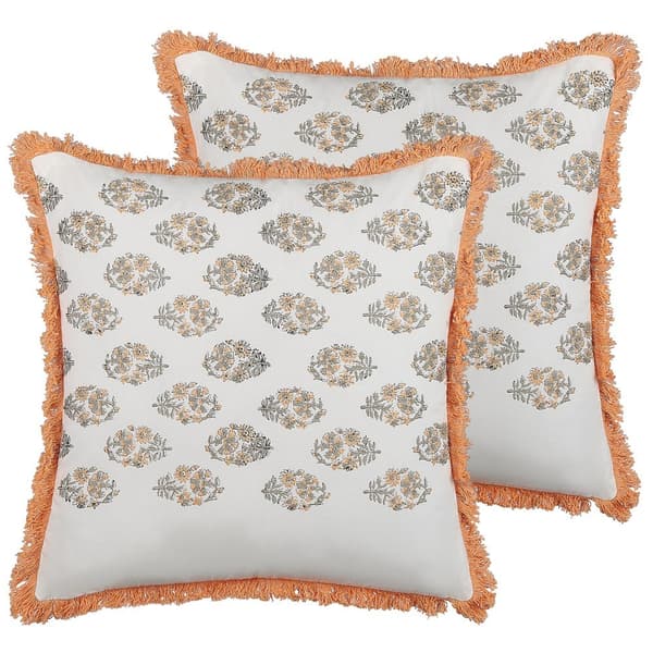 2 bomuldspuder med blomster og frynser, 45 x 45 cm, hvid og orange, SATIVUS