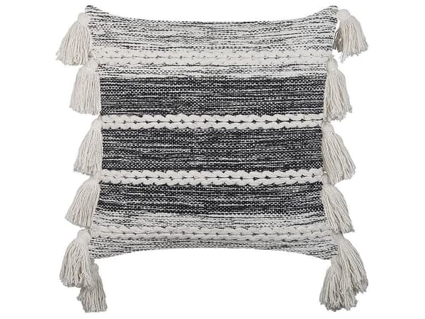 2 dekorative bomuldspuder med frynser 45 x 45 cm sort med hvid ROCHEA