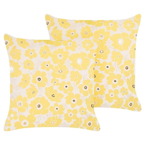 Set med 2 TRITELEIA prydnadskuddar i sammet 45 x 45 cm gult blommönster Lumarko!