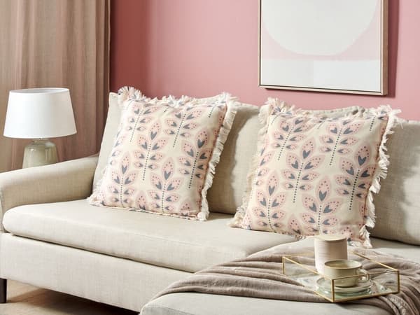 Set med 2 RUDBECKIA prydnadskuddar 60 x 60 cm ljusbeige växtmönster Lumarko!