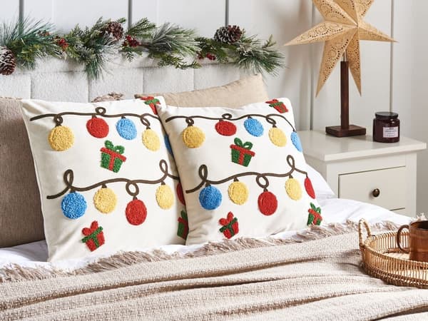Set med 2 prydnadskuddar PALMIER Sammet 45 x 45 cm Offwhite Julmönster Lumarko!