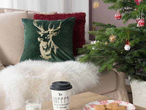 Sæt med 2 pyntepuder BLITZEN Velour 45 x 45 cm Mørkegrøn julemønster Lumarko!