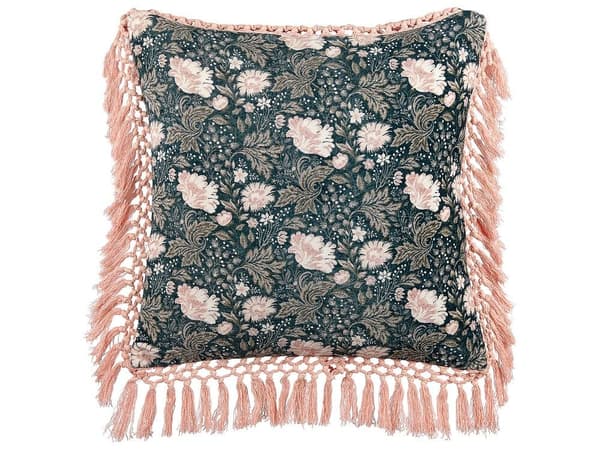 dekorative fløjlspuder med blomster og frynser 45 x 45 cm blå og pink PARROTIA