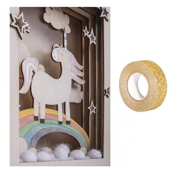 Rammad i trä med 3D-motiv av en enhörning 20 x 30 cm + guldig glittermaskeringstejp 5 m