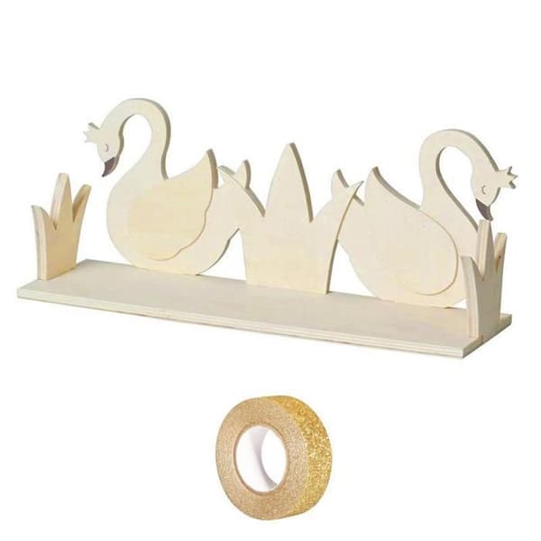 Etagère trä 2 svanar 40 x 16 cm + guldglitter maskeringstejp 5 m
