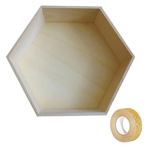 Hexagonal hylla i trä 30 x 26 x 10 cm + guldglittrig masking tape 5 m