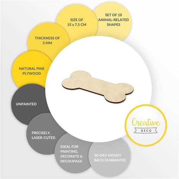 10 x stora hundbensformer att dekorera - Creative Deco - 15 x 7,5 cm - Omålad plywood träutskärningar