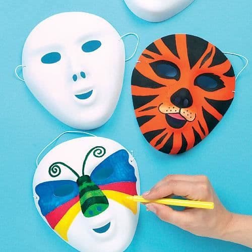 Parti med 8 vita masker att färglägga - Kreativa fritidsintressen för barn. Perfekt för karneval