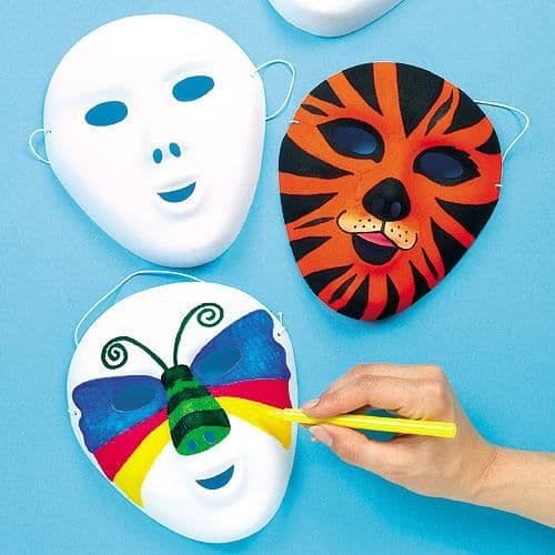 Parti med 8 vita masker att färglägga - Kreativa fritidsintressen för barn. Perfekt för karneval
